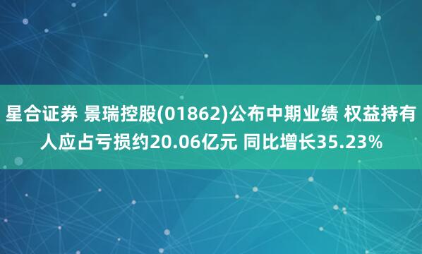 星合证券 景瑞控股(01862)公布中期业绩 权益持有人应占亏损约20.06亿元 同比增长35.23%
